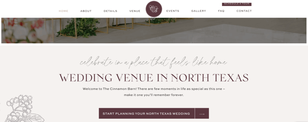 Screenshot of homepage for North Texas wedding venues.