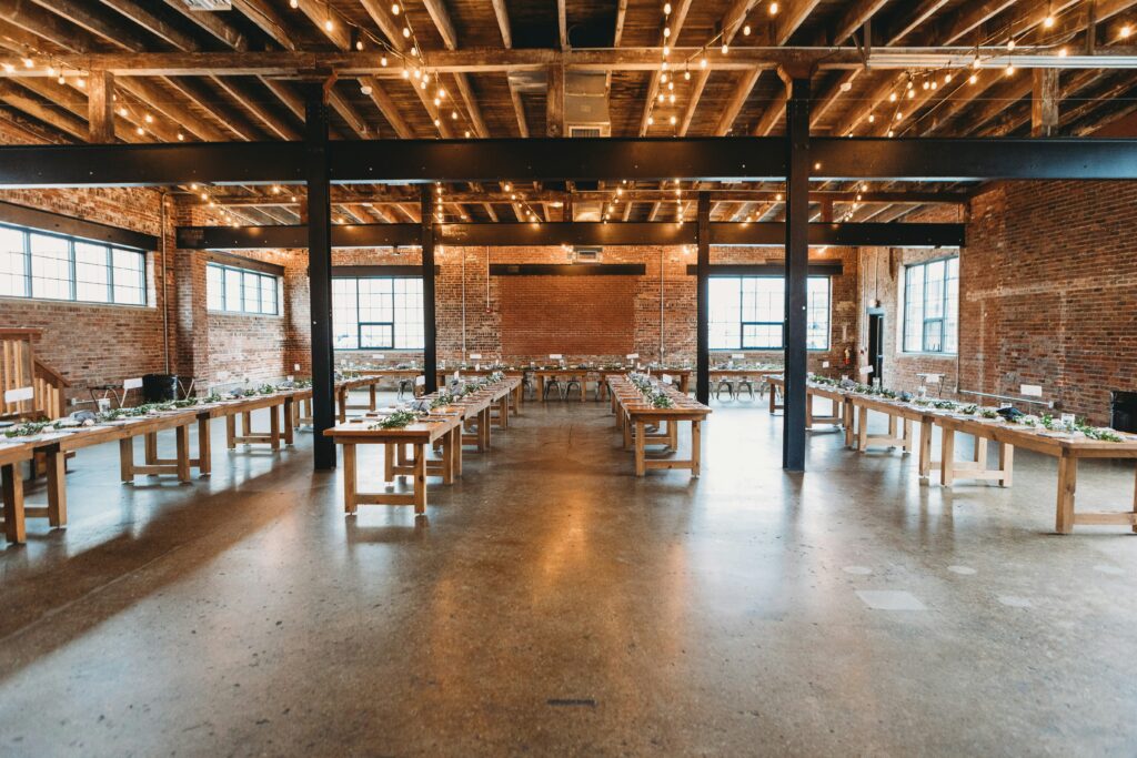 Industrial reception space in wedding venue.
